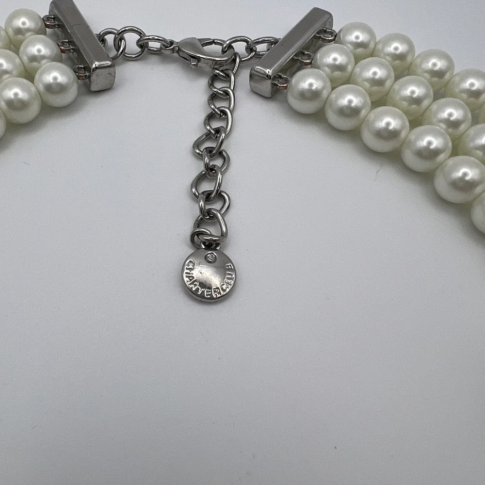 Charter Club Faux Pearl‎ Triple Strand Crystal Flower Statement Necklace Silver